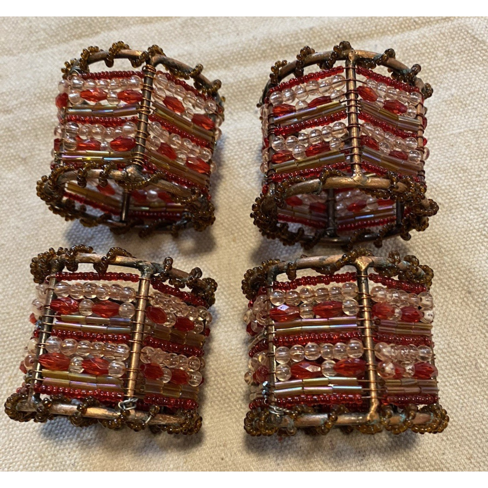 Vtg Set of 4 Pier 1 Glass Hand Beaded Napkin Rings Red / Gold 2" tall x 2" Wide